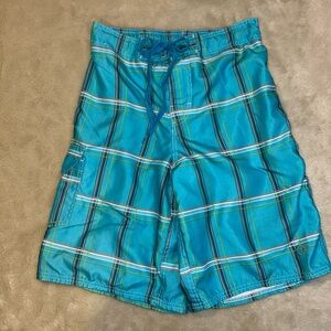 OP board shorts swim trunks turquoise plaid size S